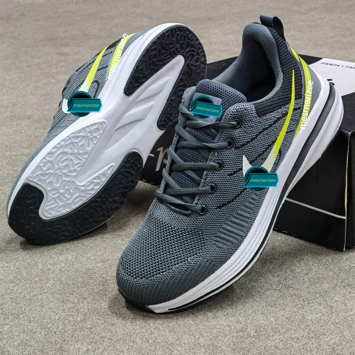 Grey Mesmerizeecom premium running mesh sneakers for men with white and yellow accents