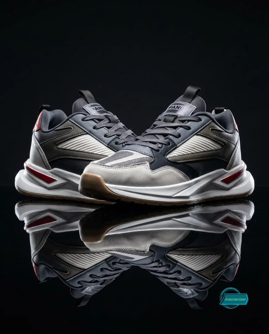 Grey Mesmerizee premium running mesh sneakers for men with white and red sole accents.