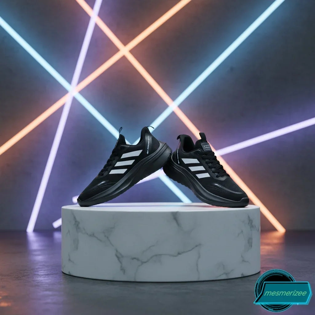 Mesmerizee Ultra-Comfort Premium Black Running Mesh Sneakers for Men on a marble pedestal