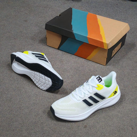 Ultra-Comfort Premium white mesh running sneakers for men with yellow accents and a colorful box.