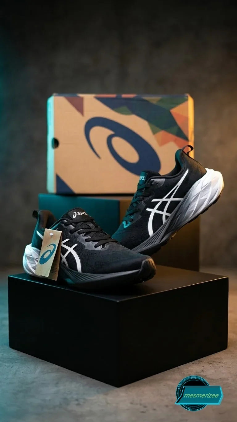 Asics black premium running mesh sneakers for men with original shoe box.