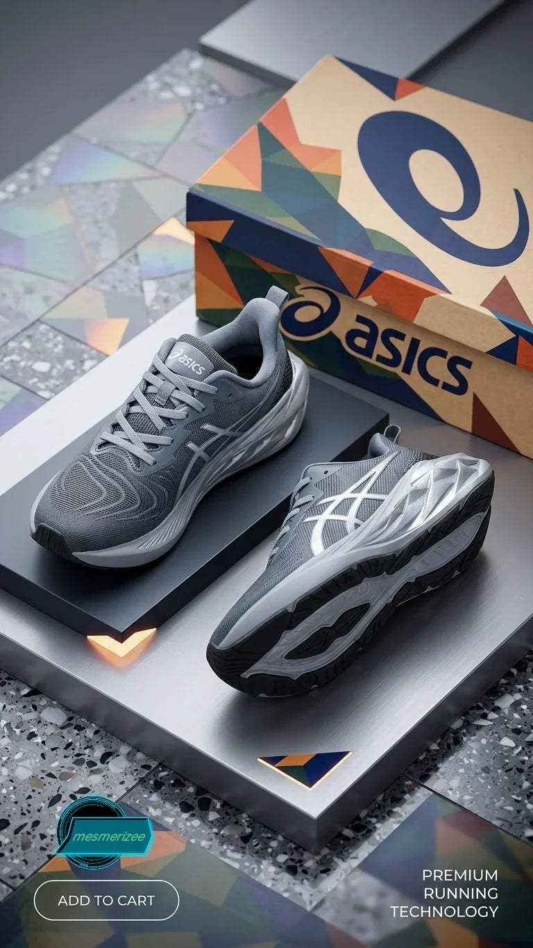 Grey premium running mesh sneakers for men by Mesmerizee on a display stand.