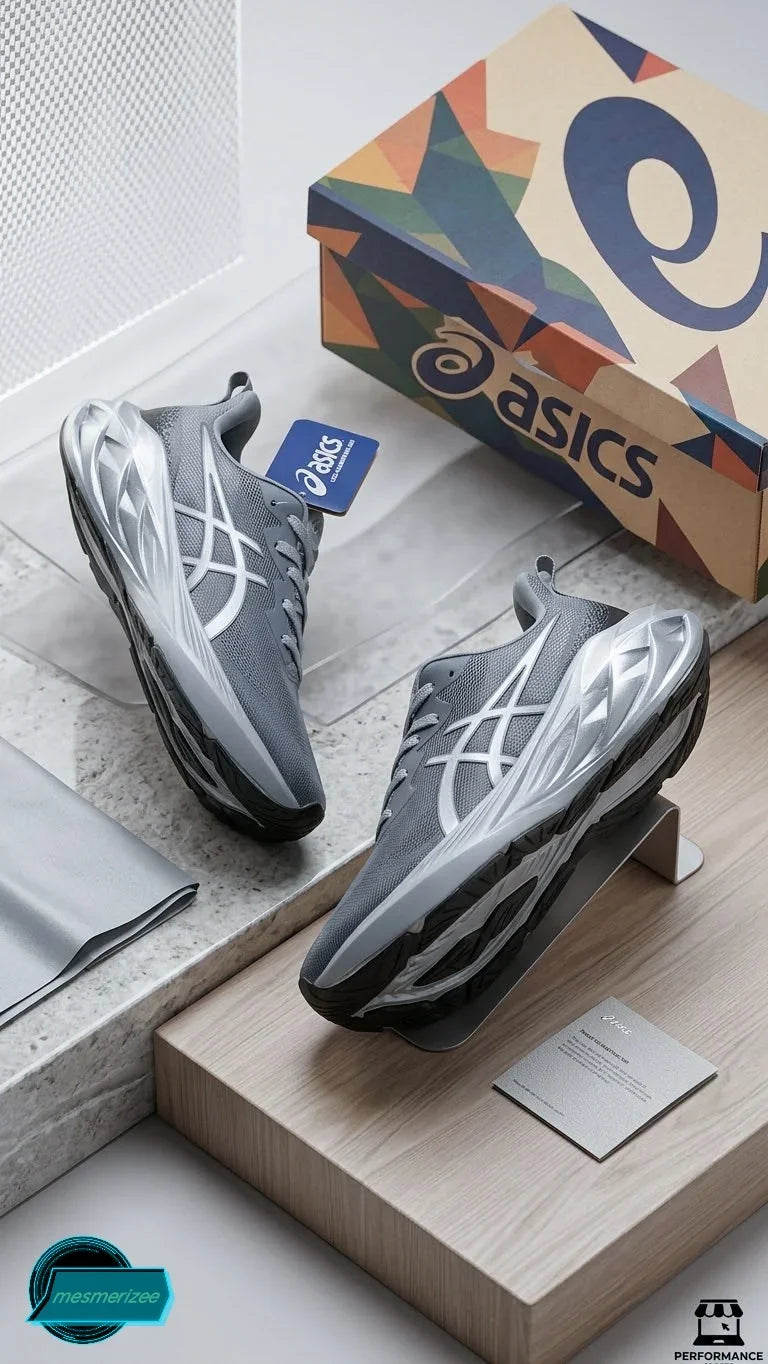 Grey premium mesh running sneakers for men displayed with brand box.
