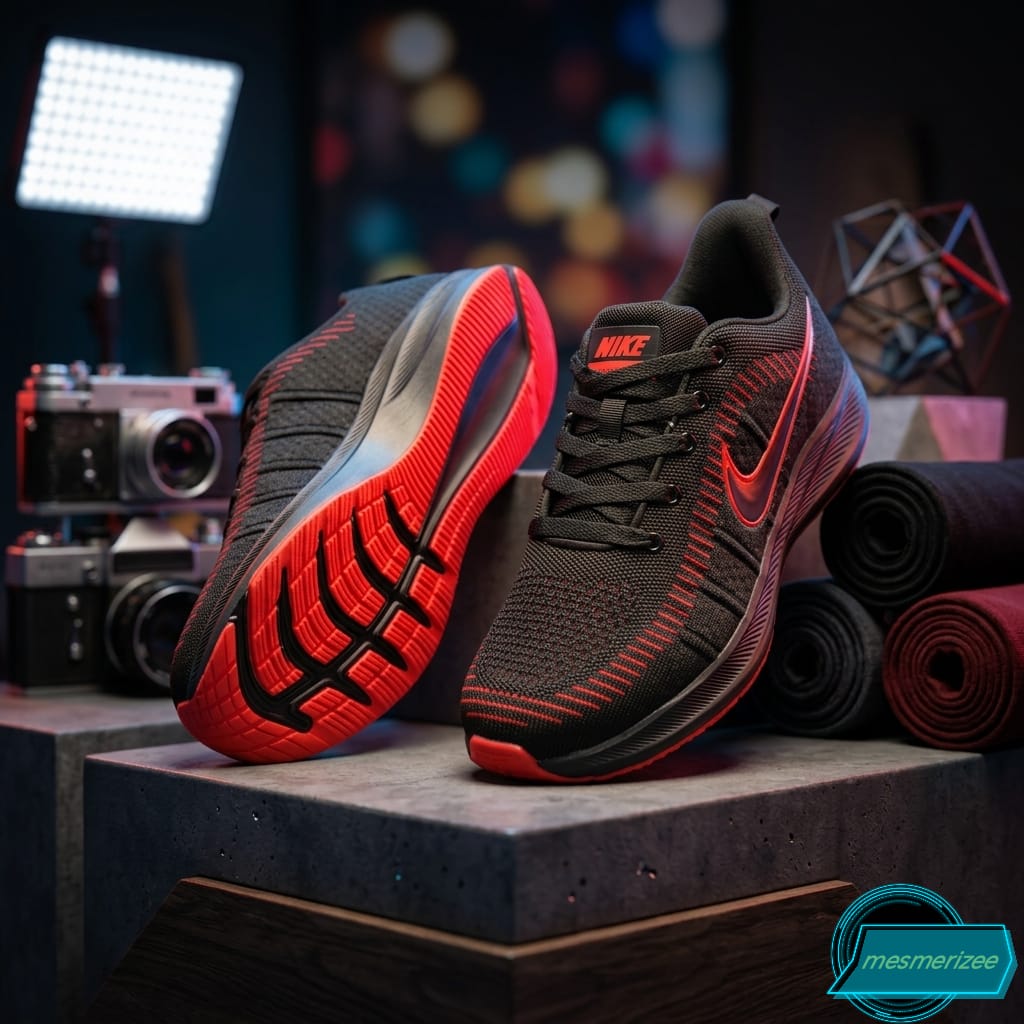 Black and red Nike premium running mesh sneakers for men.