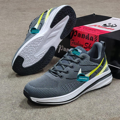 Grey mesh running sneakers for men with white and neon yellow accents