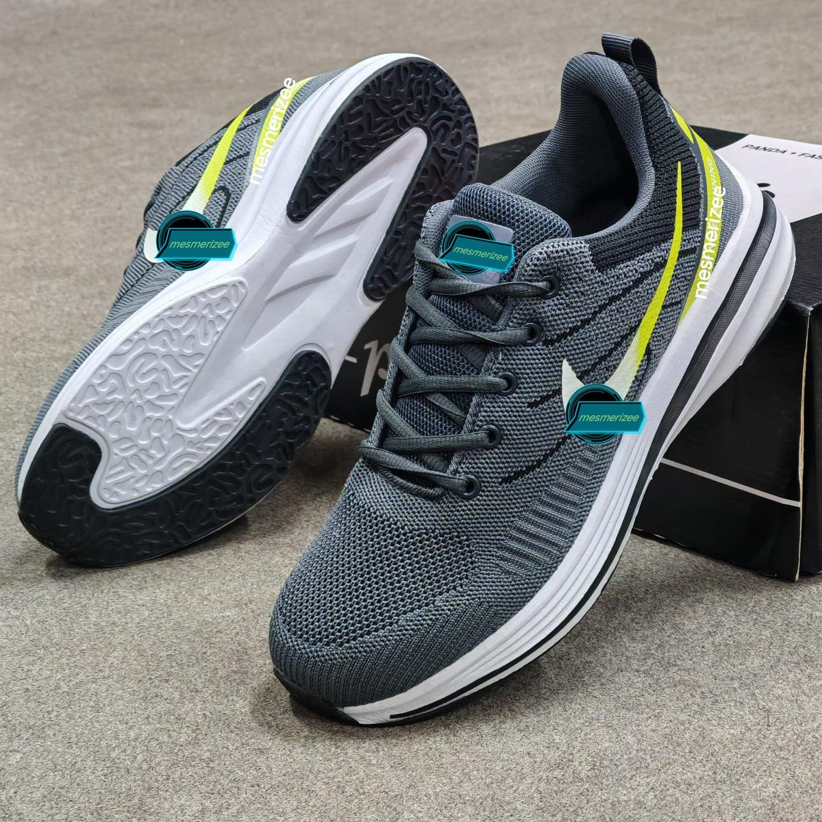 Grey Mesmerizeecom premium running mesh sneakers for men with white and yellow accents