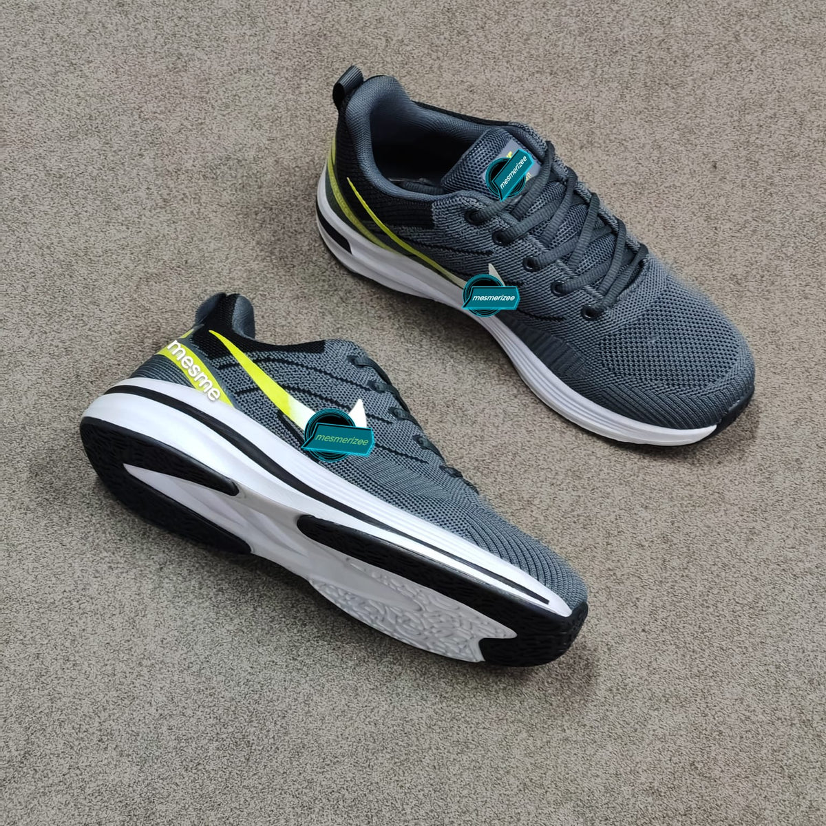 Grey Mesmerizee ultra-comfort premium running mesh sneakers for men with white and yellow accents