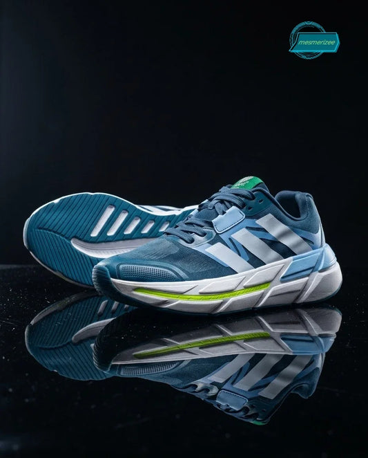 Mesmerizee green premium running mesh sneakers for men with white striped details.