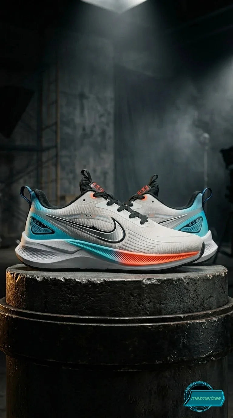 Mesmerizee light grey premium running mesh sneakers for men with teal and orange accents.