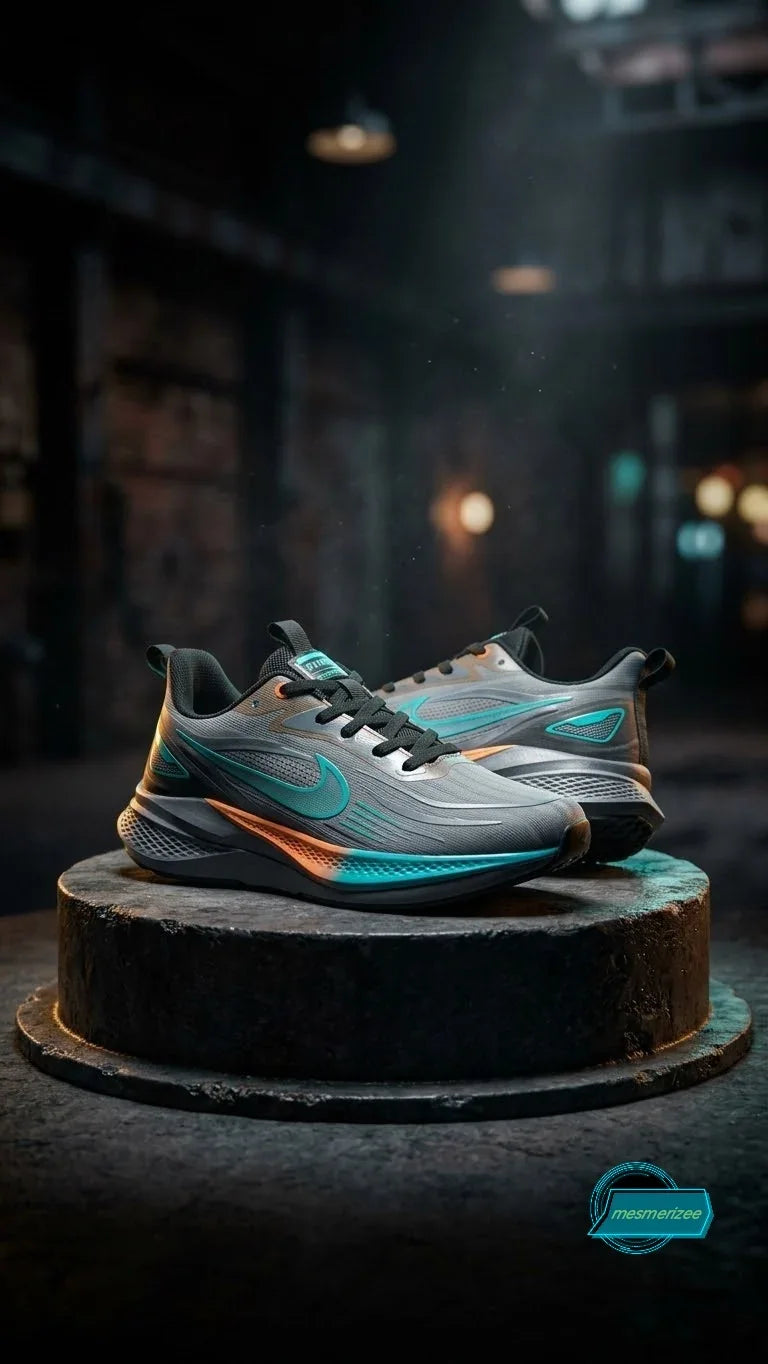 Modern grey sneakers with teal and orange accents on a concrete pedestal in a dark industrial setting