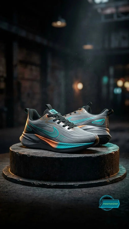 Modern grey sneakers with teal and orange accents on a concrete pedestal in a dark industrial setting