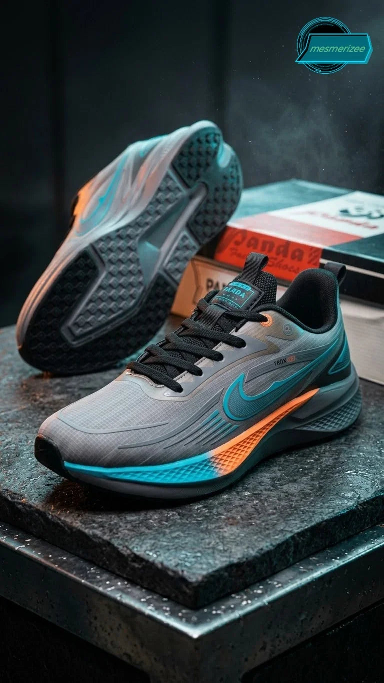 Mesmerizee dark grey premium running mesh sneakers for men with teal and orange accents.