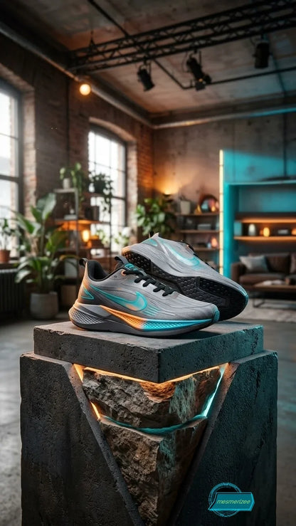 Mesmerizee dark grey premium running mesh sneakers for men on a stone pedestal.