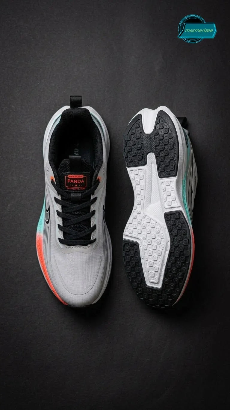 Light grey Mesmerizee premium running mesh sneakers for men showing top and sole view.