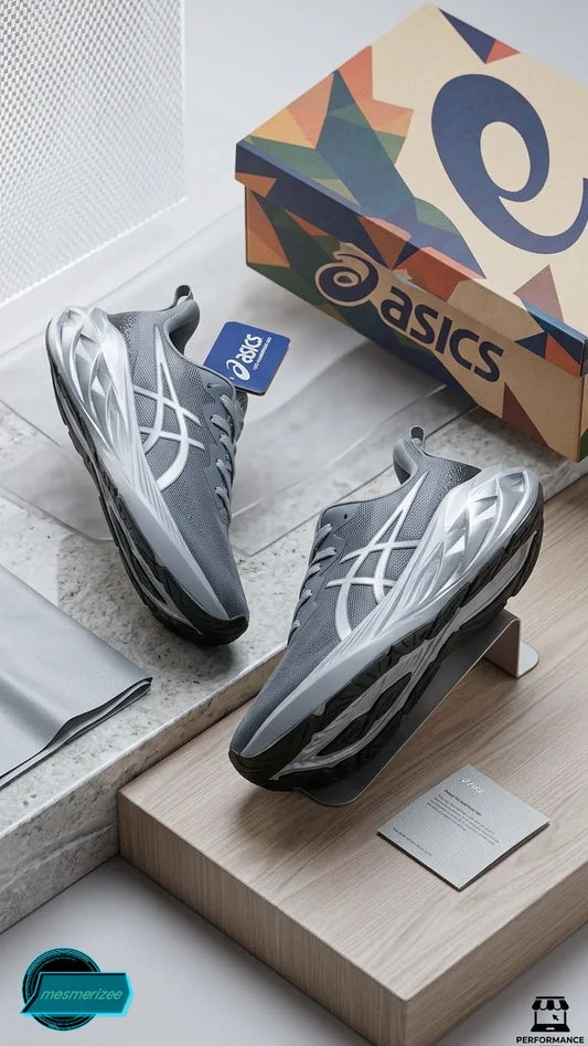 Grey premium mesh running sneakers for men displayed with brand box.