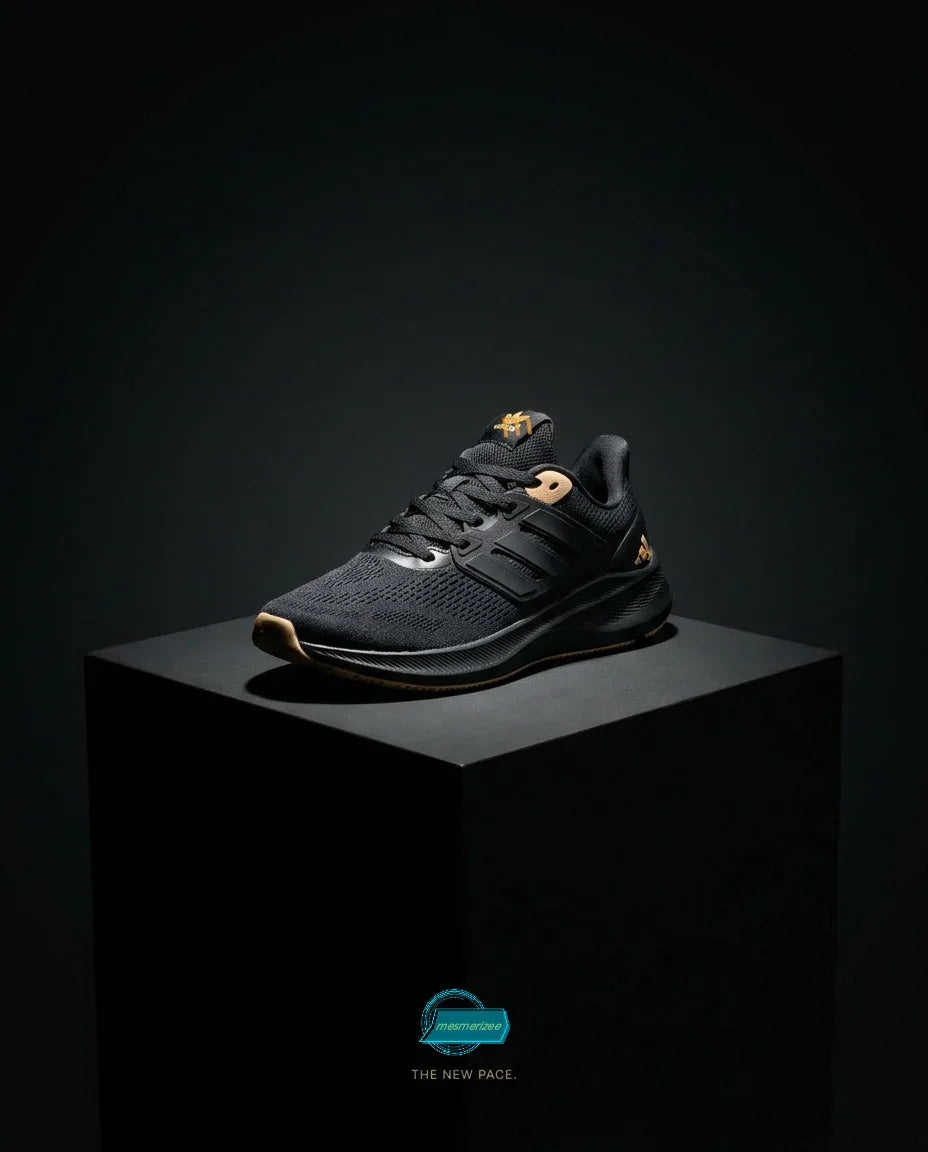 Mesmerizee premium black running mesh sneakers for men on a black pedestal.