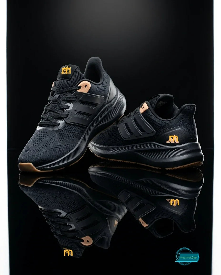 Mesmerizee Ultra-Comfort Premium Running Mesh Sneakers for Men in black with gold accents.