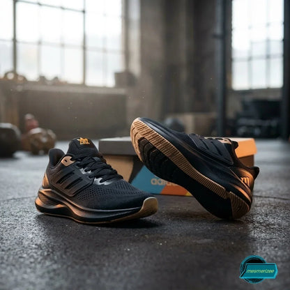 Pair of Mesmerizee black premium running mesh sneakers for men on a concrete floor.