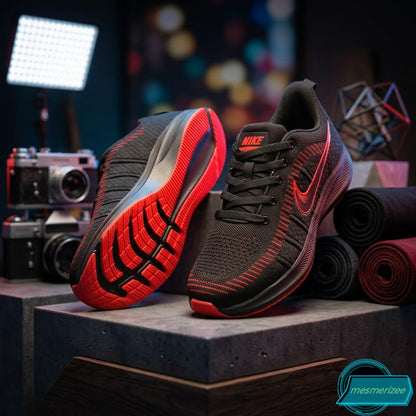 Black and red Nike premium running mesh sneakers for men.