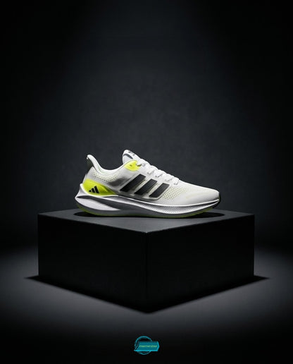 Mesmerizee white premium running mesh sneakers for men with black stripes and yellow accents.