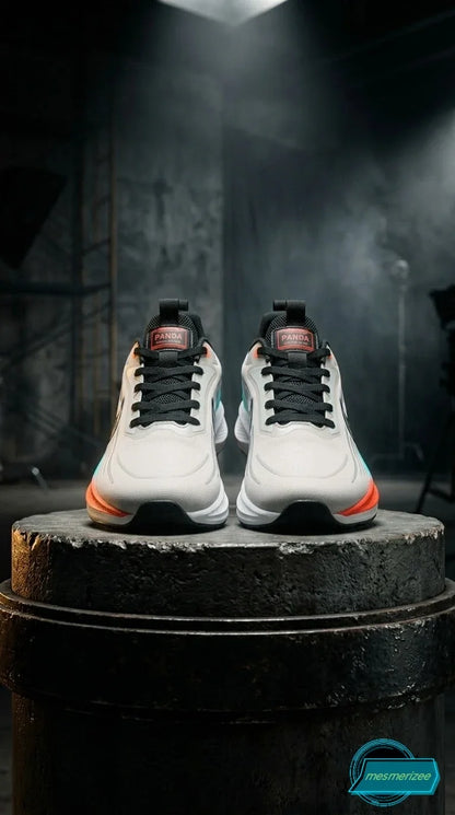 Mesmerizee light grey premium running mesh sneakers for men on a dark pedestal.